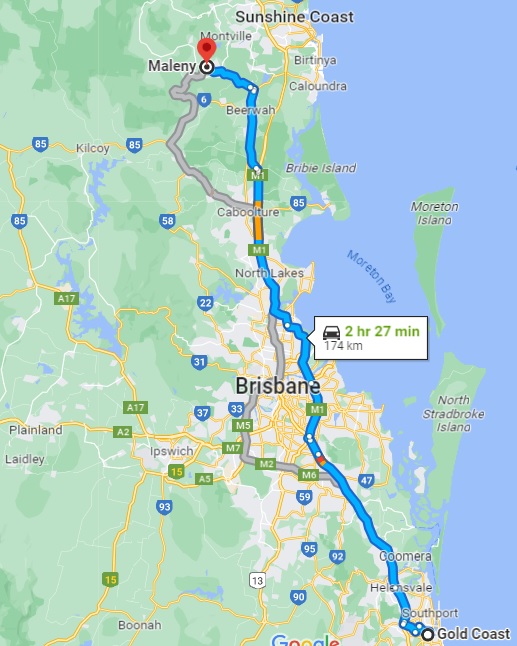 Road map from Gold Coast to Maleny 
