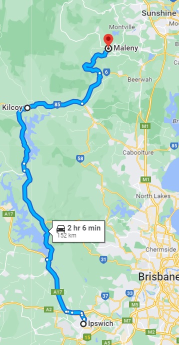 Road map from Ipswich to Sunshine Coast Hinterland